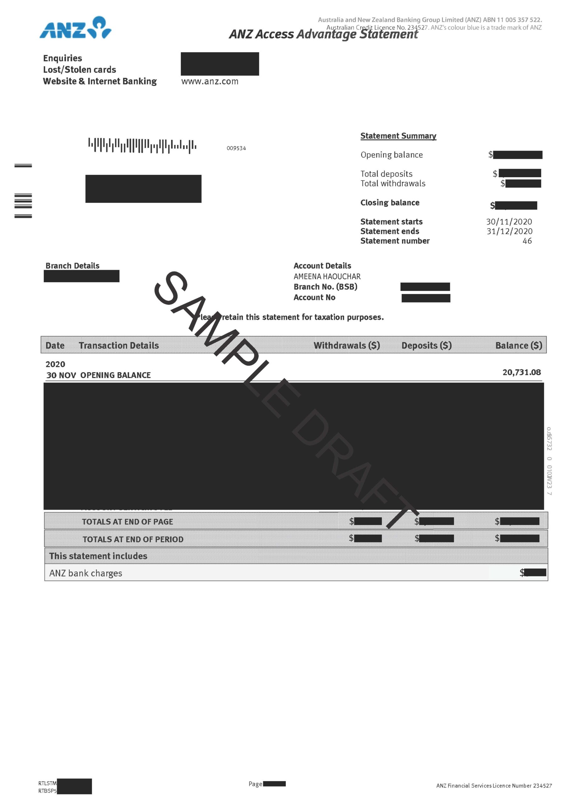 ANZ Bank Statement Template